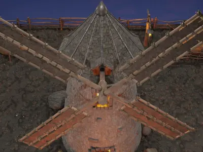 Animated stylized medieval scene of a mill with props Low-poly 3D model