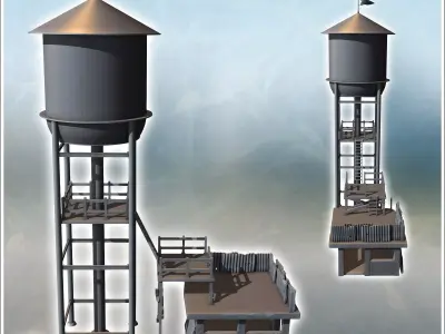 Tall water tower with adjacent platforms and access ladders surr 3D print model