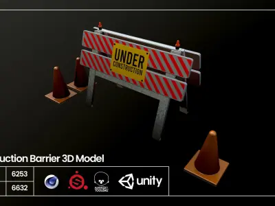 Construction Barrier 3D Model - Game Asset Low-poly 3D model