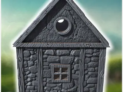 Small medieval stone cottage with wooden door circular window an 3D print model