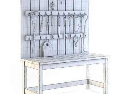Old Wooden Wall Table with Tools 3D model