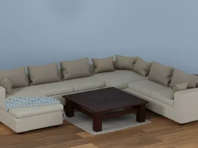 Fabric Sofa with a Dark Wood Table Free low-poly 3D model