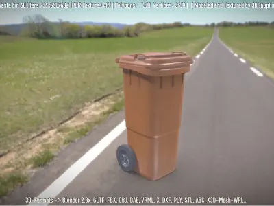 Brown plastic waste bin 60 liters 936x550x482 Low-poly 3D model