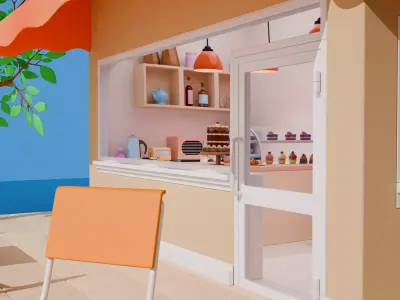 Stylized Isometric Cafe with Retro Van  Modular Blender Scene Low-poly 3D model