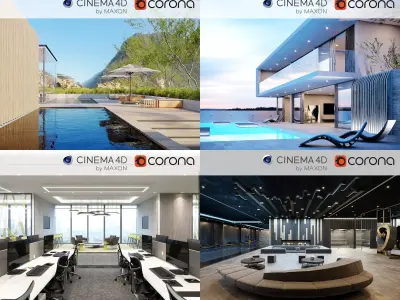 Set 4 - Corona C4D - 4 x Scenes 3D Model Pack