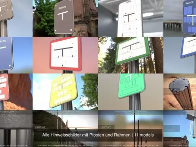 Alle Hinweisschilder mit Pfosten und Rahmen 3D Model Pack