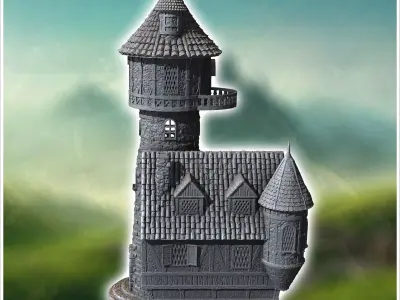 Medieval stone tower with adjoining house balconies and fireplac 3D print model