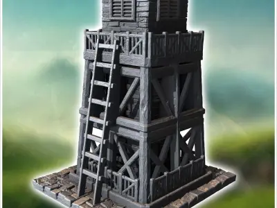 Tall wooden watchtower with ladder access weathered planks and a 3D print model