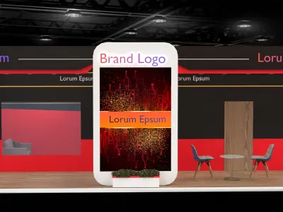 Sleek tech-themed stall with dual branding panels and display 3D model