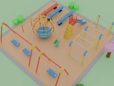 Low polygon Japanese park playground equipment set Low-poly 3D model