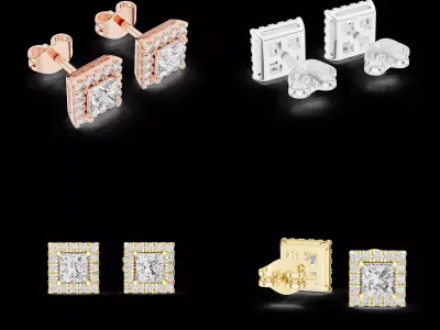 Square Halo Solitaire Stud Earrings 3D CAD Model Jewelry 3D print model
