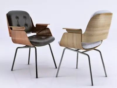 D48 two chairs with wooden seat and metal legs 3D model