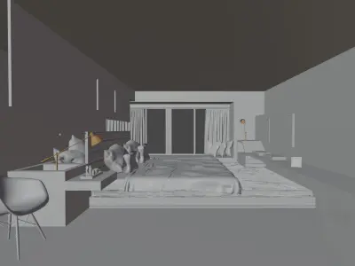 Bedroom with wooden floors and bed 3D model