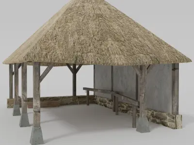 Stable wooden structure with thatched roof Low-poly 3D model