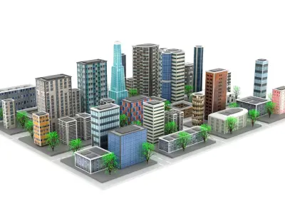 Low Poly City with buildings and trees Low-poly 3D model purchase