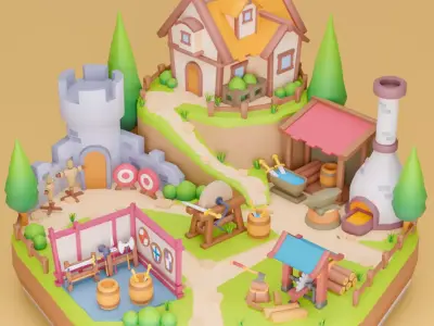 Low Poly Cartoon Blacksmith  Diorama Low-poly 3D model