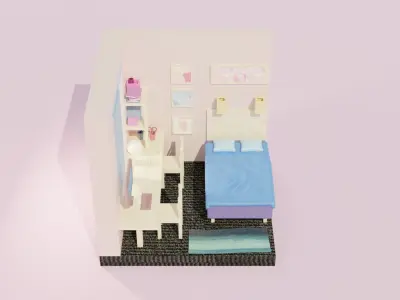 Low-poly bedroom room with bed and desk Low-poly 3D model