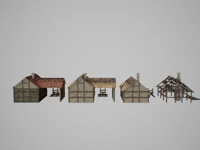 Armory group of wooden buildings Low-poly 3D model