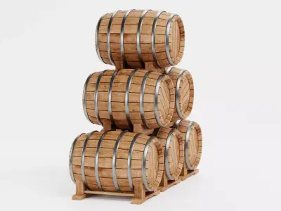 Wine Barrels Pile V1 - Oak Casks on Stands Stack 3D model