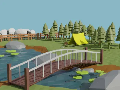 island with bridge and pond 3D model