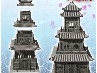 Oriental pagoda with multiple curved roofs and double terraces 4 3D print model