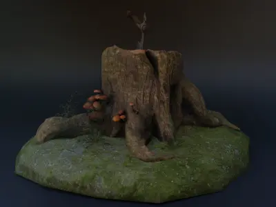 Mushrooms Low Poly tree stump with Low-poly 3D model