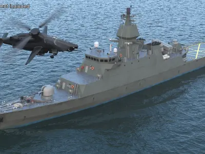 Armed Warship Naval with Combat Helicopter Rigged 3D model