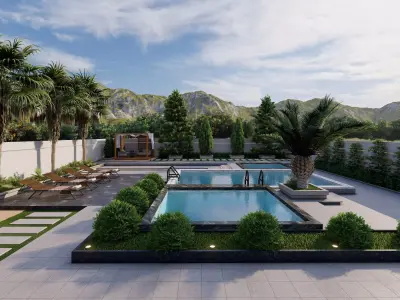 Modern Villa Courtyard with Pools Jacuzzi Pergola Low-poly 3D model