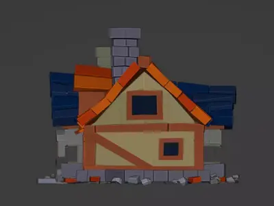 Damaged House Version Broken Roof Game Environment Asset Low-poly 3D model