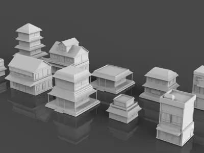 Low Poly 10 Japanese Buildings Mini Pack 1 - Untextured Low-poly 3D model