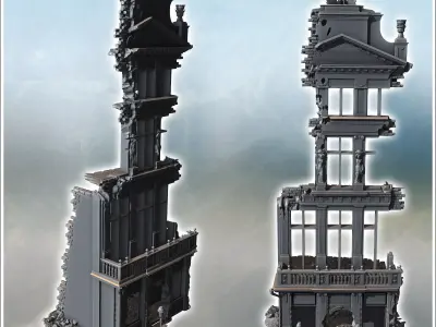 Tall narrow building with a gothic rooftop ornate statues and he 3D print model
