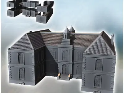 Modern building with bell towers two wings and access staircase  3D print model