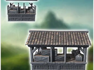 Wooden market stall with crates and baskets under a sloped roof  3D print model