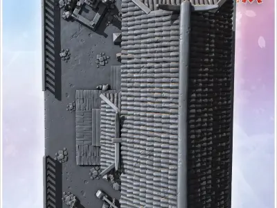 Large Japanese house with symmetrical tiled roof wooden pillars  3D print model