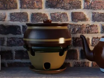 Stoneware dishes and pots on shelf Low-poly 3D model