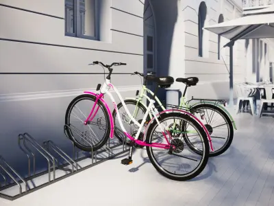 Bike stand with two colorful bikes 3D model