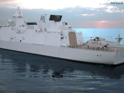  Navy Frigate with Radar Systems and Helicopter 