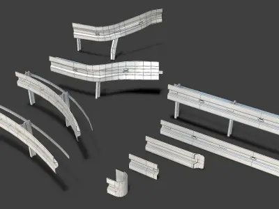 Modular - Road safety barrier kit - 3D VR  AR  game ready  Low-poly 3D model