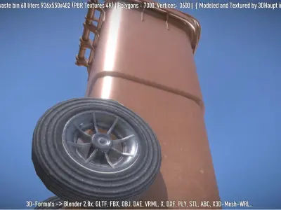 Brown plastic waste bin 60 liters 936x550x482 Low-poly 3D model