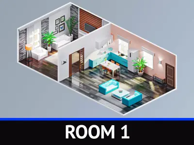 Room 1 living with furniture Low-poly 3D model