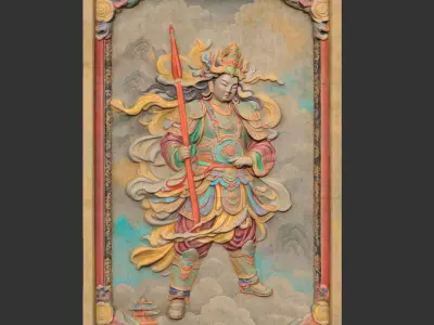 Chinese Temple Walls - Mural Bas relief Colored - 230912 Low-poly 3D model