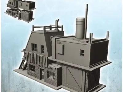 Two-storey brick factory with chimney and steel beam intact vers 3D print model