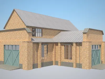 Warehouse 2 brick house with two garages Low-poly 3D model