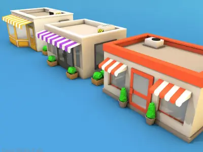 Cartoon City Buildings Shops Low-poly 3D model