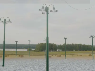 Street Light -7- Moss Green Version -3 Lamps-  Low-poly 3D model