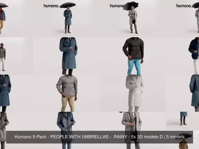 Humano 5-Pack - PEOPLE WITH UMBRELLAS -  RAINY - 5x 3D models D