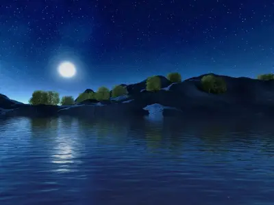 night forest scene valley mountain grassland plain river 3D model