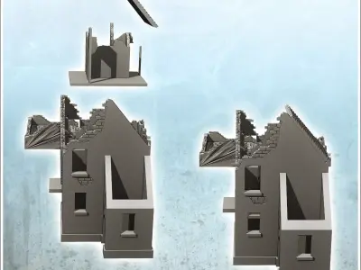 Set of four ruined buildings with rubble and tile roof 26 - Mode 3D print model