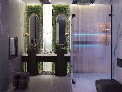 High End Modern Bathroom Interior LED Shower Dual Sinks Marble 3D model