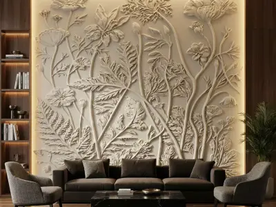 Modern floral Relief Panel Wall Decor Set STL Mural CNC 340 3D model